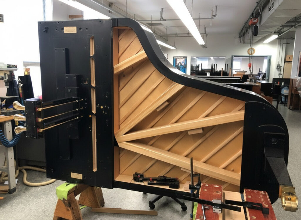 Grand piano on its side showing the underbelly