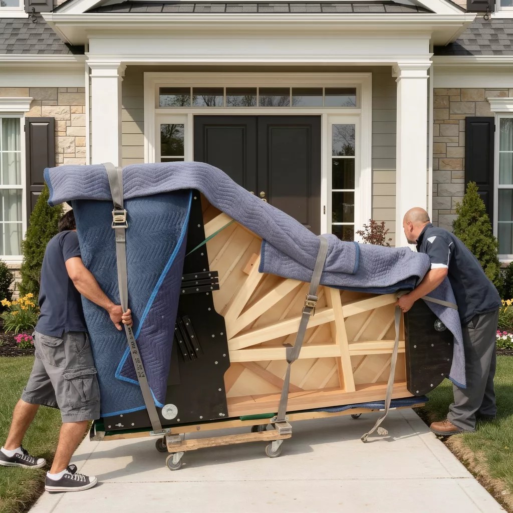 a grand piano being delivered to an american home