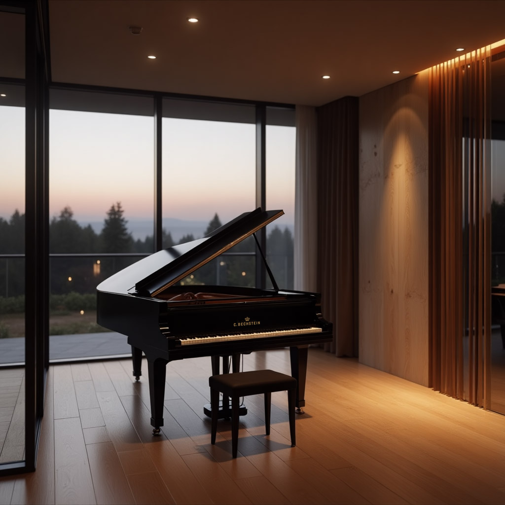 C. Bechstein grand piano in a modern luxury home.