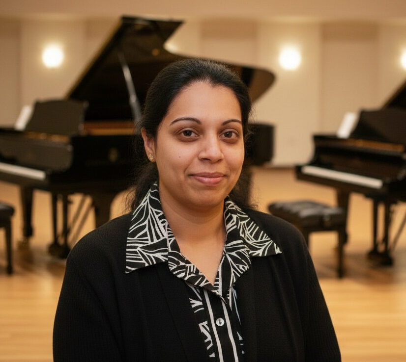 A woman standing in front of two grand pianos