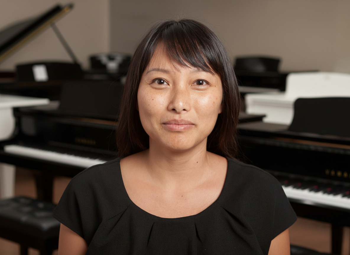 A woman in front of several pianos