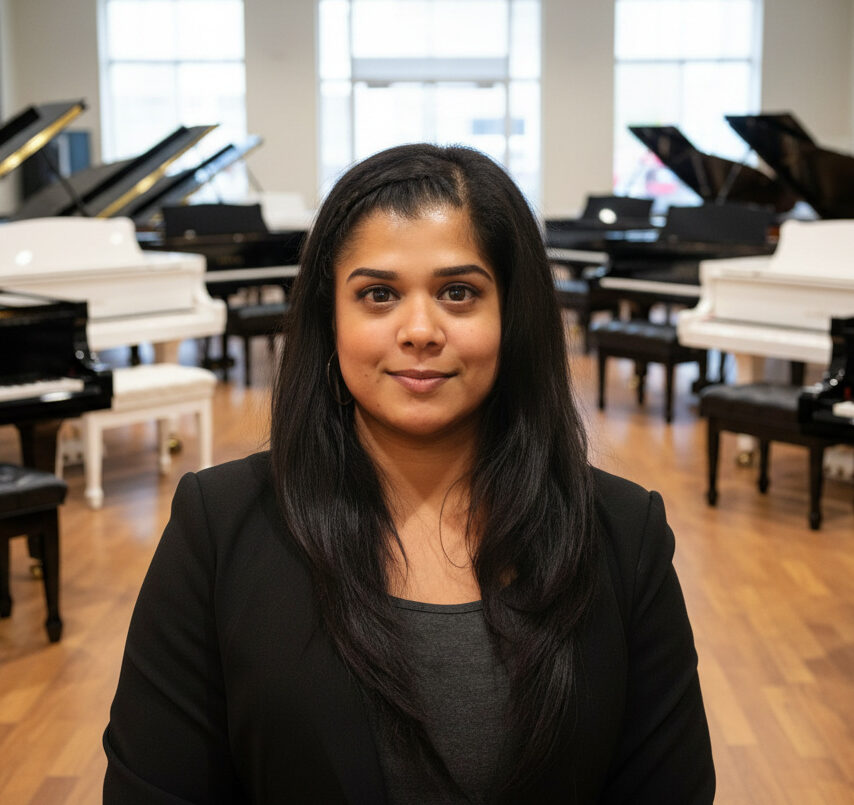 A woman in front of several grand pianos